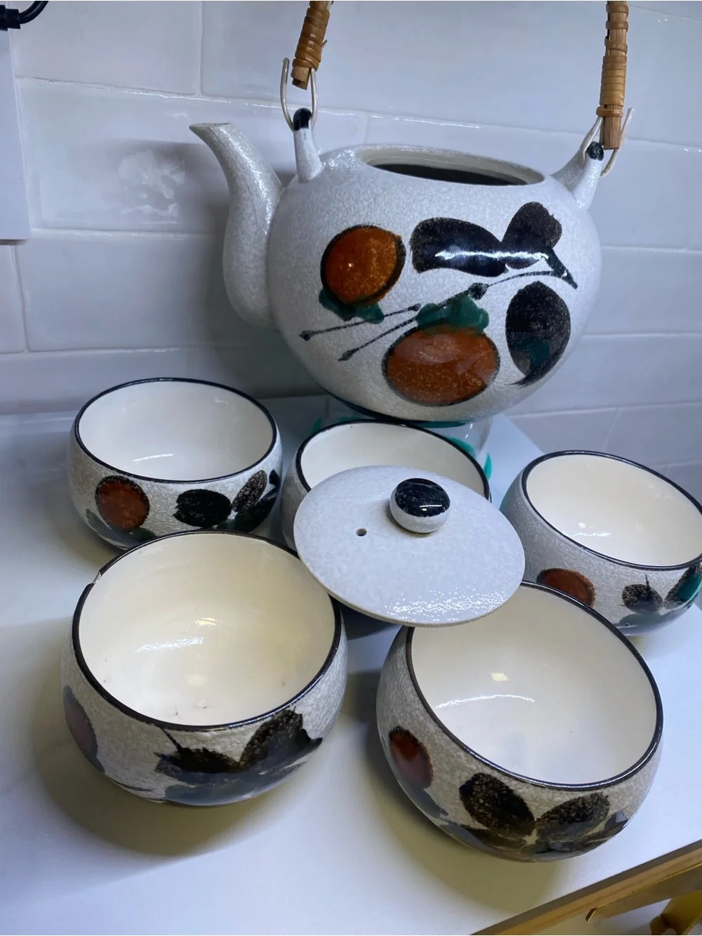 Vintage Otagiri Japanese Tea Set Persimmon Teapot 5 Cups Hand Painted Ceramic